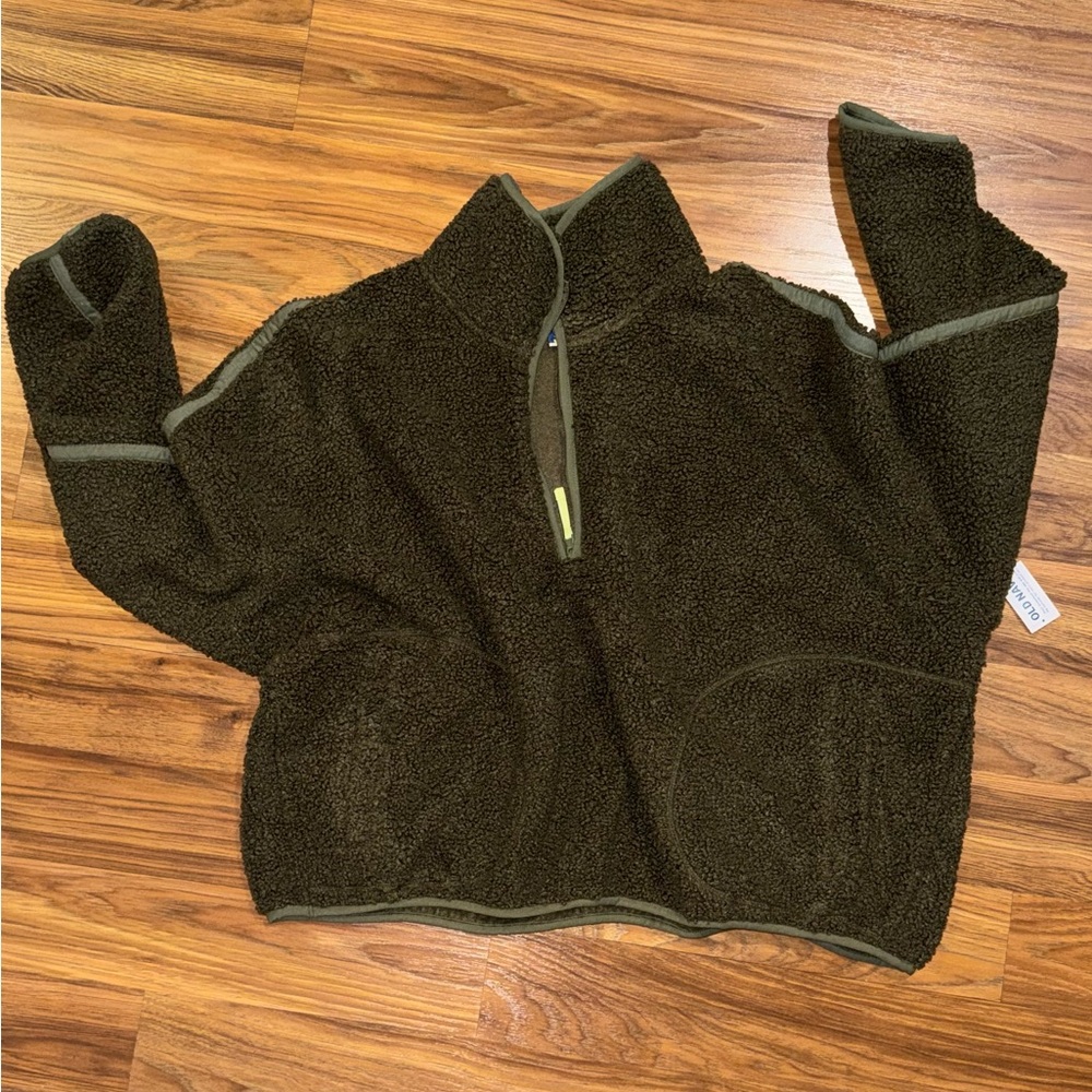 Old Navy NWT Cropped Olive Green Sherpa Fleece Half Zip Pullover, Women’s XXL
